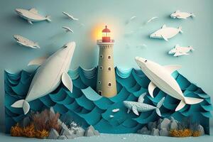 a top view paper art of Lighthouses and whales on the sea, sunny. Perfect for your project, texture, blog,gift paper, wrapping and environment. photo