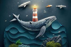 a top view paper art of Lighthouses and whales on the sea, sunny. Perfect for your project, texture, blog,gift paper, wrapping and environment. photo