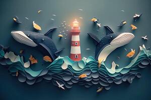 a top view paper art of Lighthouses and whales on the sea, sunny. Perfect for your project, texture, blog,gift paper, wrapping and environment. photo
