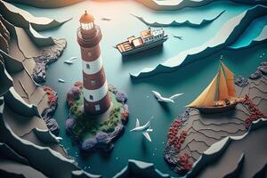 a top view paper art of Lighthouses and whales on the sea, sunny. Perfect for your project, texture, blog,gift paper, wrapping and environment. photo