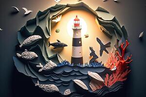 a top view paper art of Lighthouses and whales on the sea, sunny. Perfect for your project, texture, blog,gift paper, wrapping and environment. photo