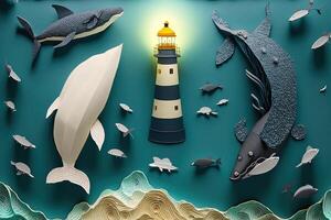 a top view paper art of Lighthouses and whales on the sea, sunny. Perfect for your project, texture, blog,gift paper, wrapping and environment. photo