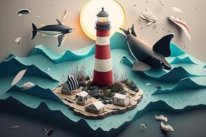 a top view paper art of Lighthouses and whales on the sea, sunny. Perfect for your project, texture, blog,gift paper, wrapping and environment. photo