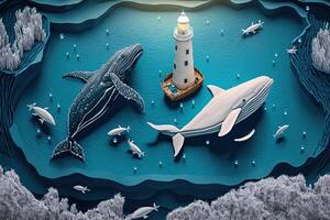 a top view paper art of Lighthouses and whales on the sea, sunny. Perfect for your project, texture, blog,gift paper, wrapping and environment. photo