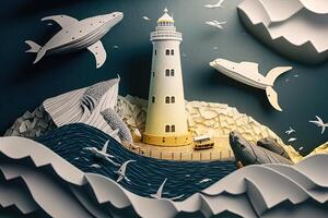 a top view paper art of Lighthouses and whales on the sea, sunny. Perfect for your project, texture, blog,gift paper, wrapping and environment. photo