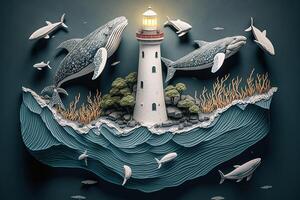 a top view paper art of Lighthouses and whales on the sea, sunny. Perfect for your project, texture, blog,gift paper, wrapping and environment. photo