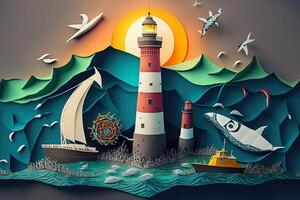 a top view paper art of Lighthouses and whales on the sea, sunny. Perfect for your project, texture, blog,gift paper, wrapping and environment. photo