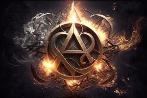 arcane symbol with effect of fire and ice. Magic symbol, Asgard symbol. Runes and triangle symbol with gold and metal color. photo