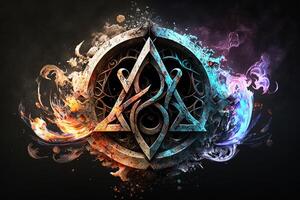 generativo ai arcano símbolo con efecto de fuego y hielo. magia símbolo, asgard símbolo. runas y triángulo símbolo con oro y metal color. foto