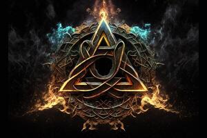 arcane symbol with effect of fire and ice. Magic symbol, Asgard symbol. Runes and triangle symbol with gold and metal color. photo