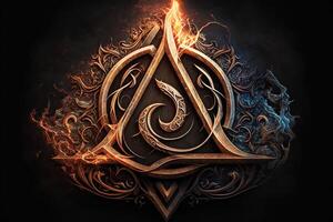 arcane symbol with effect of fire and ice. Magic symbol, Asgard symbol. Runes and triangle symbol with gold and metal color. photo