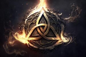 generativo ai arcano símbolo con efecto de fuego y hielo. magia símbolo, asgard símbolo. runas y triángulo símbolo con oro y metal color. foto
