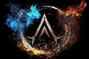 arcane symbol with effect of fire and ice. Magic symbol, Asgard symbol. Runes and triangle symbol with gold and metal color. photo