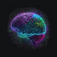 generativo ai cerebro Arte nft neón y cyberpunk color, holografía, cósmico fondo, brillante digital cerebro ai inteligencia formando digitalizado neuronas artificial inteligencia Arte algoritmo. foto