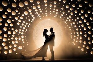 Silhouette couple dances in front of a wall of lights, exemplifying the energy and passion in their relationship, , valentine concept. photo