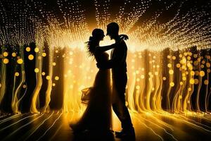 Silhouette couple dances in front of a wall of lights, exemplifying the energy and passion in their relationship, generative AI, valentine concept. photo
