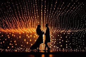 silueta Pareja bailes en frente de un pared de luces, ejemplificando el energía y pasión en su relación, generativo ai, enamorado concepto. foto