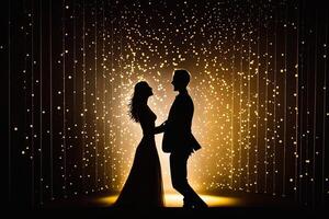 Silhouette couple dances in front of a wall of lights, exemplifying the energy and passion in their relationship, , valentine concept. photo