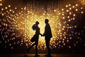 silueta Pareja bailes en frente de un pared de luces, ejemplificando el energía y pasión en su relación, generativo ai, enamorado concepto. foto