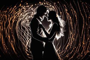 Silhouette couple dances in front of a wall of lights, exemplifying the energy and passion in their relationship, , valentine concept. photo