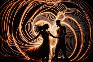 silueta Pareja bailes en frente de un pared de luces, ejemplificando el energía y pasión en su relación, generativo ai, enamorado concepto. foto