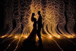 Silhouette couple dances in front of a wall of lights, exemplifying the energy and passion in their relationship, , valentine concept. photo