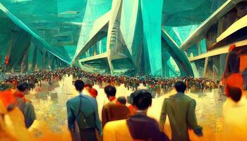 Crowded with many pedestrians, highly angled, highly geometric futuristic architecture. Futuristic eco cityscape creative concept illustration photo