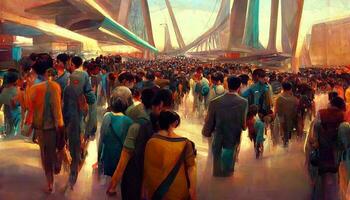 Crowded with many pedestrians, highly angled, highly geometric futuristic architecture. Futuristic eco cityscape creative concept illustration photo