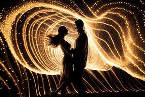 Silhouette couple dances in front of a wall of lights, exemplifying the energy and passion in their relationship, , valentine concept. photo