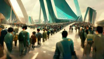 Crowded with many pedestrians, highly angled, highly geometric futuristic architecture. Futuristic eco cityscape creative concept illustration photo