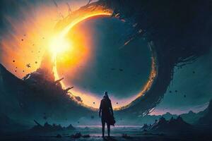 Cyberpunk planet, solar system-punk, the entire universe is collapsing in on itself. Human in the ruined city, destroyed earth, digital painting. Concept apocalypse. Black hole in space photo