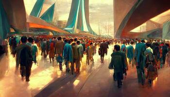 Crowded with many pedestrians, highly angled, highly geometric futuristic architecture. Futuristic eco cityscape creative concept illustration photo