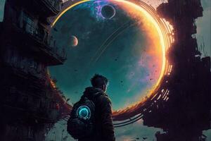 Cyberpunk planet, solar system-punk, the entire universe is collapsing in on itself. Human in the ruined city, destroyed earth, digital painting. Concept apocalypse. Black hole in space photo