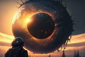 Cyberpunk planet, solar system-punk, the entire universe is collapsing in on itself. Human in the ruined city, destroyed earth, digital painting. Concept apocalypse. Black hole in space photo