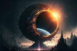 Cyberpunk planet, solar system-punk, the entire universe is collapsing in on itself. Human in the ruined city, destroyed earth, digital painting. Concept apocalypse. Black hole in space photo
