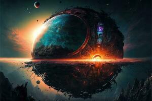 Cyberpunk planet, solar system-punk, the entire universe is collapsing in on itself. Human in the ruined city, destroyed earth, digital painting. Concept apocalypse. Black hole in space photo