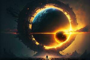 Cyberpunk planet, solar system-punk, the entire universe is collapsing in on itself. Human in the ruined city, destroyed earth, digital painting. Concept apocalypse. Black hole in space photo