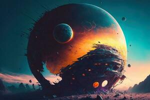 Cyberpunk planet, solar system-punk, the entire universe is collapsing in on itself. Human in the ruined city, destroyed earth, digital painting. Concept apocalypse. Black hole in space photo