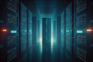 data center room with mainframe storage servers, cloud network concept, hosting databases and internet, Modern Telecommunications, Artificial Intelligence,server room photo