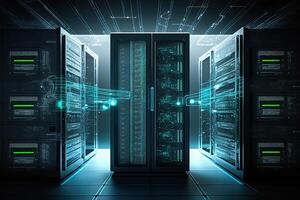data center room with mainframe storage servers, cloud network concept, hosting databases and internet, Modern Telecommunications, Artificial Intelligence,server room photo