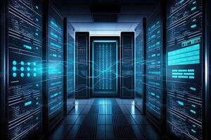Generative AI data center room with mainframe storage servers, cloud network concept, hosting databases and internet, Modern Telecommunications, Artificial Intelligence,server room photo