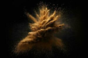 Abstract gold powder explosion on Black background.Colorful dust explode. Painted Holiday powder festival. Freeze motion of color powder exploding,throwing color powder on background. photo