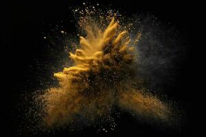 Abstract gold powder explosion on Black background.Colorful dust explode. Painted Holiday powder festival. Freeze motion of color powder exploding,throwing color powder on background. photo