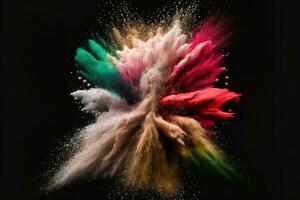 Abstract multicolored powder explosion on Black background.Colorful dust explode. Painted Holiday powder festival. Freeze motion of color powder exploding,throwing color powder on background. photo