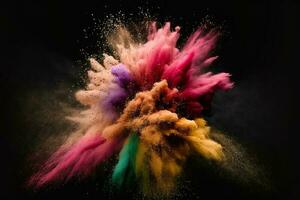 Abstract multicolored powder explosion on Black background.Colorful dust explode. Painted Holiday powder festival. Freeze motion of color powder exploding,throwing color powder on background. photo