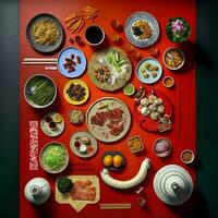 Top view of table dinner chinese. Knolling photography of chinese dinner new year , vibrant. Vietnamese Traditional Meal in Country side. Flat lay. photo