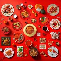 parte superior ver de mesa cena chino. knolling fotografía de chino cena nuevo año , vibrante. vietnamita tradicional comida en país lado. plano poner. foto