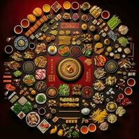 Top view of table dinner chinese. Knolling photography of chinese dinner new year , vibrant. Vietnamese Traditional Meal in Country side. Flat lay. photo