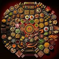 Top view of table dinner chinese. Knolling photography of chinese dinner new year , vibrant. Vietnamese Traditional Meal in Country side. Flat lay. photo