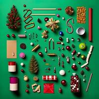Set realistic Christmas objects design, pine branches, pine cone, decorative snowflake, xmas ball and confetti, bells, and old watch, knolling photography of christmas supplies , vibrant. Flat lay photo